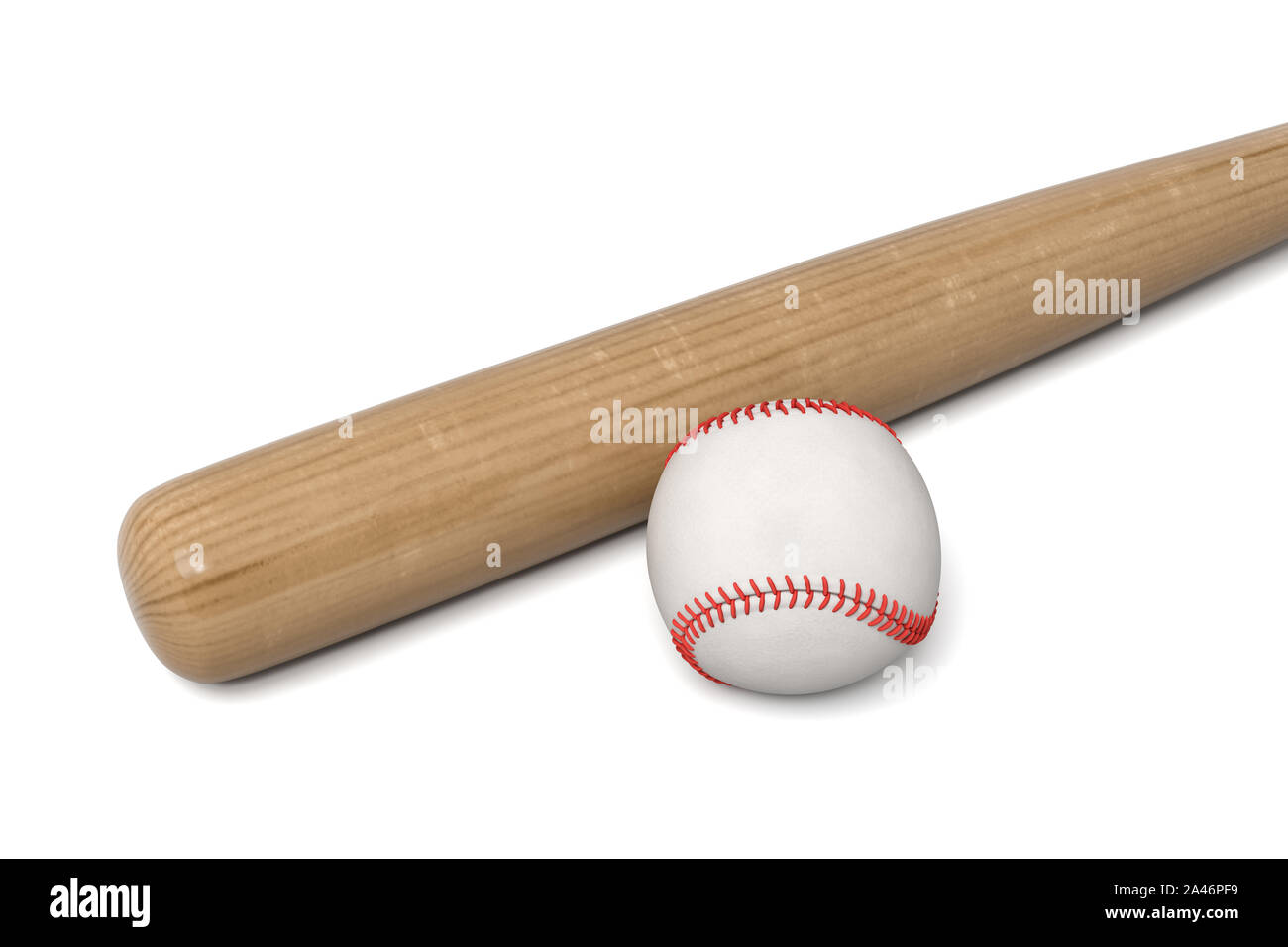 3D-Rendering von einer hölzernen Baseballschläger mit schwarze Verpackung auf dem Griff liegen in der Nähe eines weißen Leder Ball. Bereit zum Streik. Hardball. First Base. Stockfoto