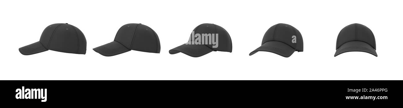 3D-Rendering von fünf schwarze Baseballkappen in einer Zeile von Seite gezeigt Vorderansicht auf einem weißen Hintergrund. Baseball gear. Sport Style. Amerikanische headwea Stockfoto
