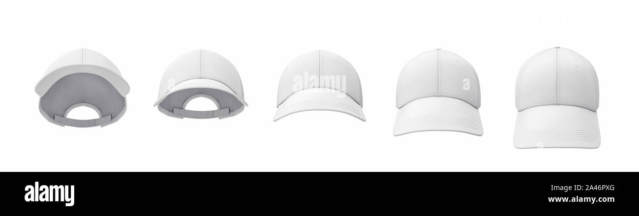 3D-Rendering von fünf weißen Baseball Caps in einer Linie in der Ansicht von vorn, aber in unterschiedlichen Winkeln dargestellt. Verschiedene Baseball Caps. Sport headwear. Baseball Stockfoto