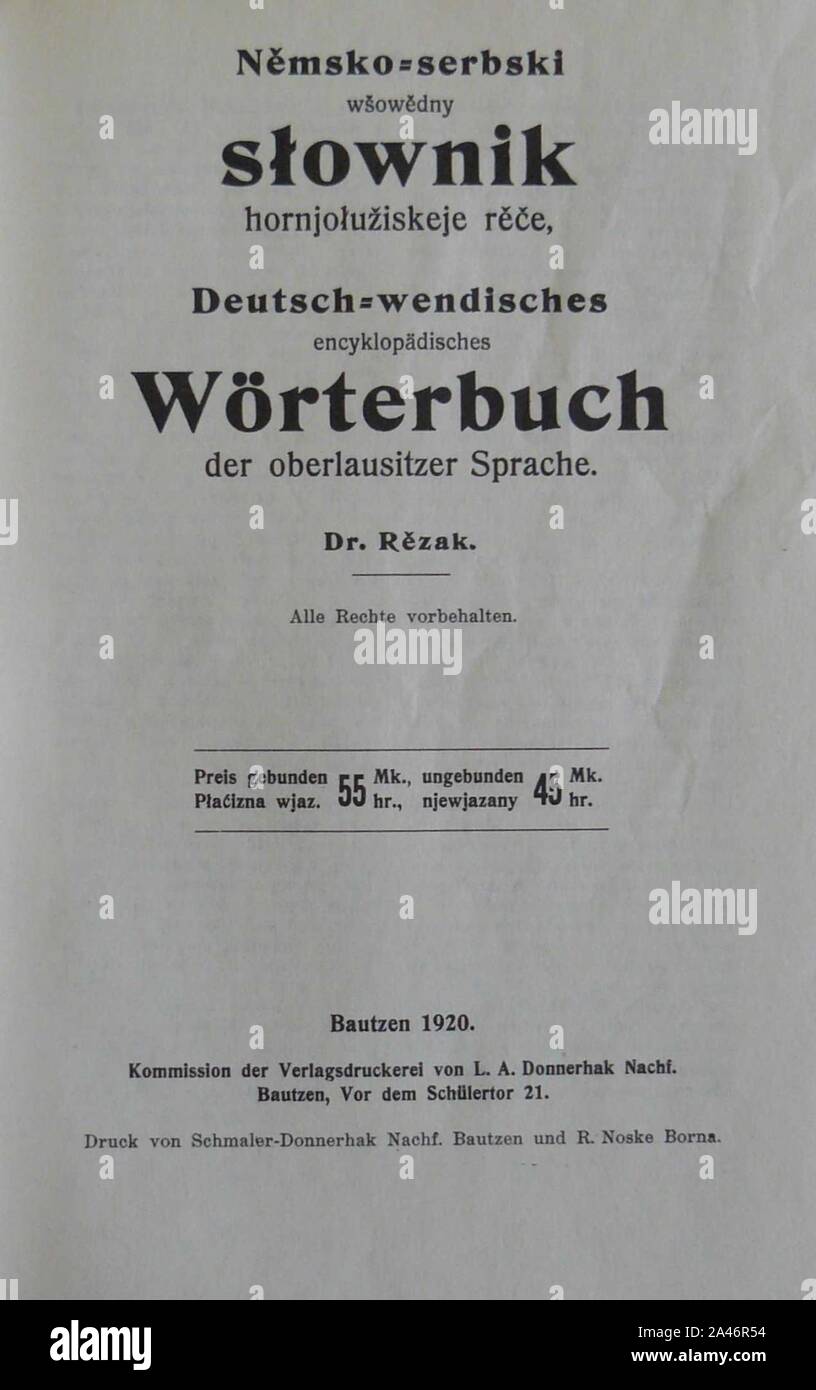 Filip Rězak-Titelbild Wörterbuch 1920. Stockfoto