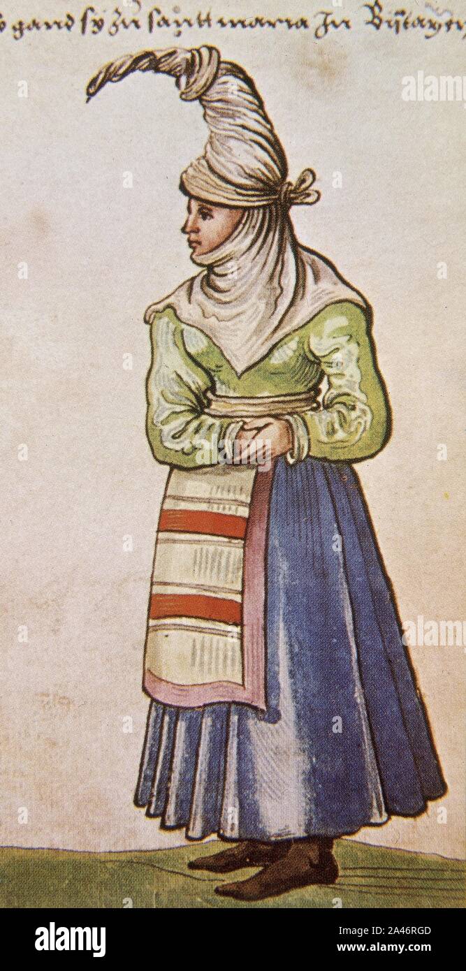 MUJER DE SANTA MARIA (IRUN) - 1529 - CODICE DE LOS TRAJES - TRACHTENBUCH - RENACIMIENTO ALEMAN. Autor: WEIDITZ CHRISTOPHE. Stockfoto