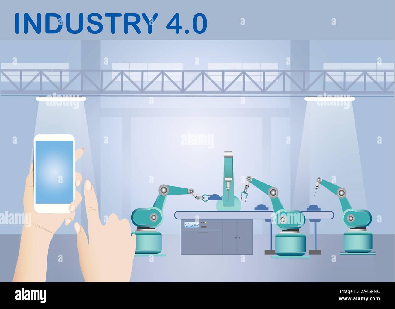 Industrie 4.0 Smart Factory kabellose Verbindung Konzept Roboter arbeiten am Fließband im Werk innen und Hände halten ein smart phone wit Stock Vektor