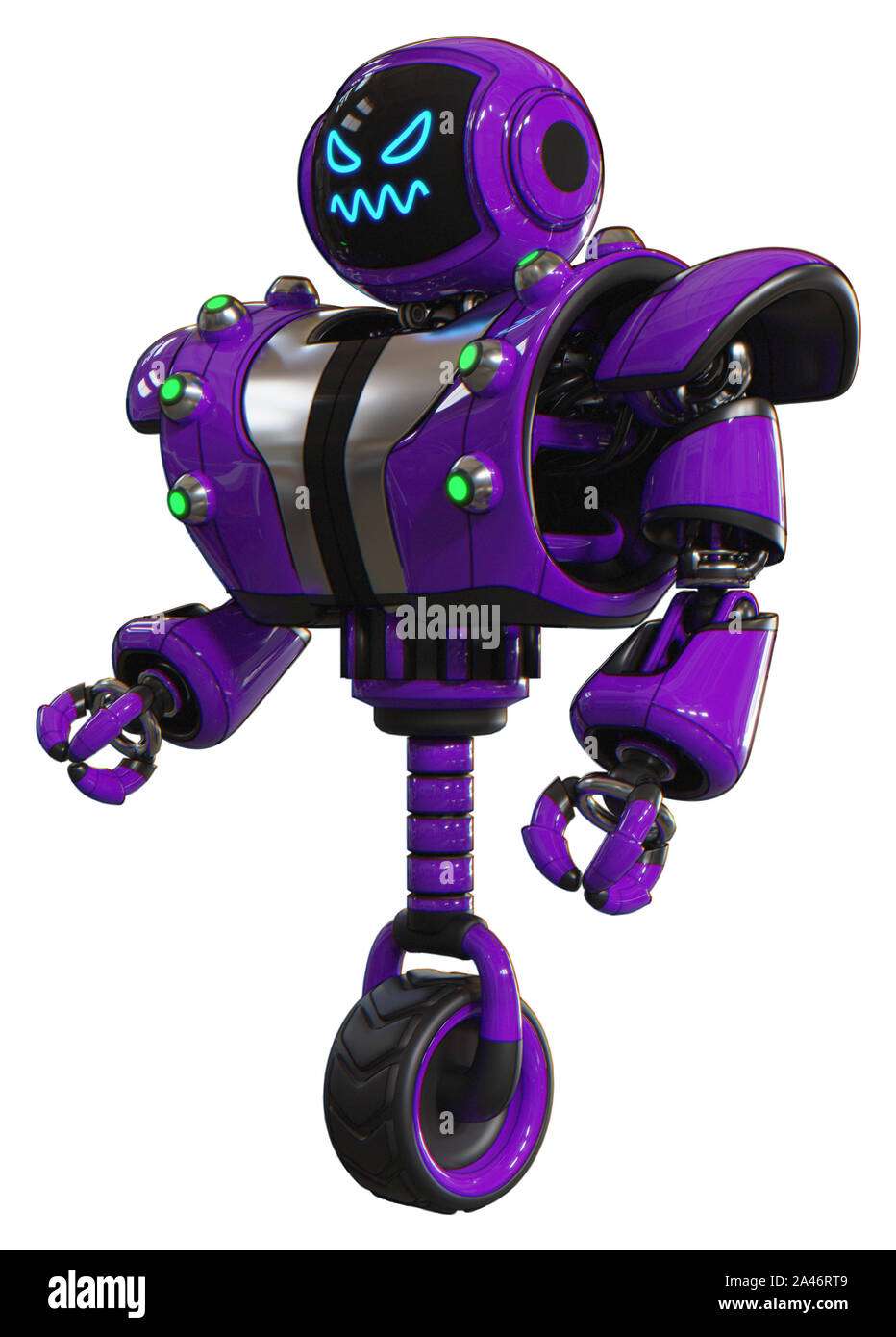 Automaten, die Elemente enthalten: Digitale Anzeige Kopf, zorniges Gesicht, schwere obere Brust, schwere mech Brust, grünes Kabel Steckdosen array, Einrad Rad. Mater Stockfoto