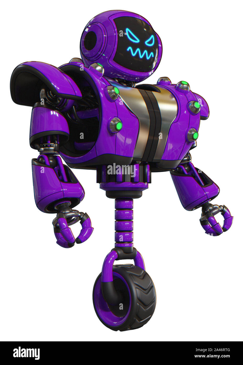 Automaten, die Elemente enthalten: Digitale Anzeige Kopf, zorniges Gesicht, schwere obere Brust, schwere mech Brust, grünes Kabel Steckdosen array, Einrad Rad. Mater Stockfoto