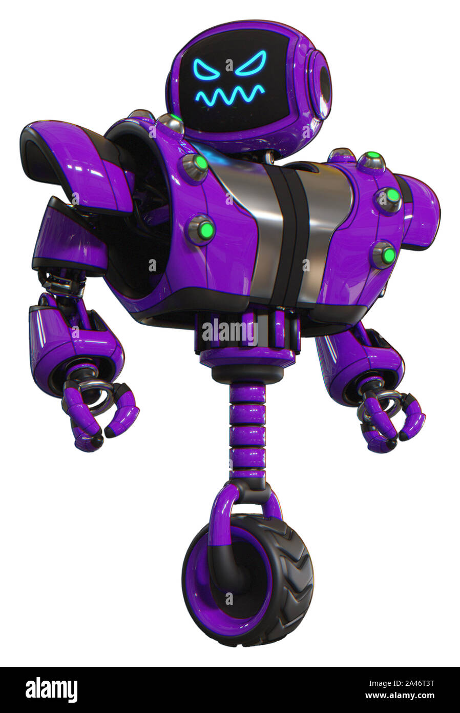 Automaten, die Elemente enthalten: Digitale Anzeige Kopf, zorniges Gesicht, schwere obere Brust, schwere mech Brust, grünes Kabel Steckdosen array, Einrad Rad. Mater Stockfoto