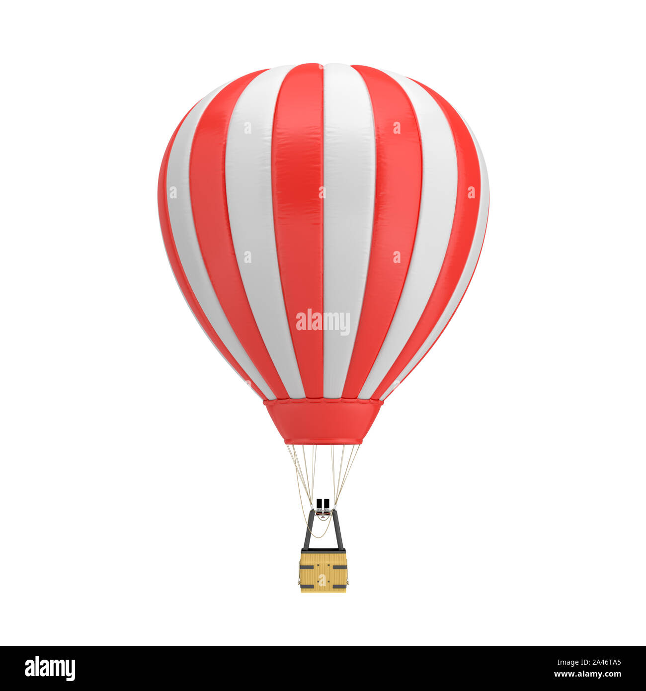 3D-Rendering von einer roten und weißen Heißluftballon mit einem Korb auf weißem Hintergrund. Flugreisen und Flugzeuge. Tourismus und Erholung. Sky Objekte. Stockfoto