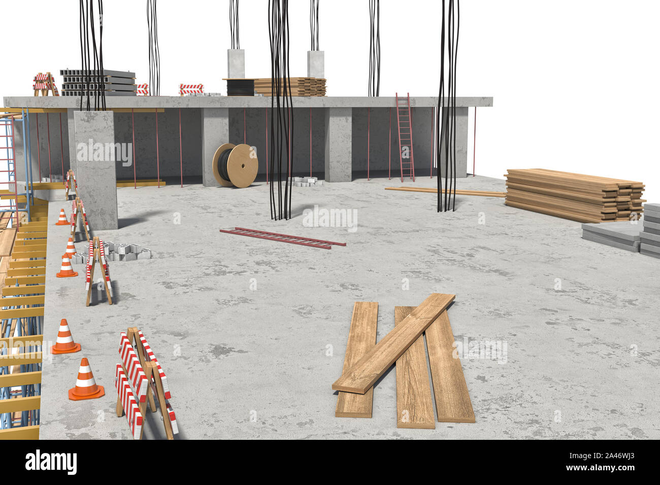 3D-Rendering von Gebäude im Bau auf dem weißen Hintergrund. Modernen Wohnungsbau. Bautechnik. Tiefbauarbeiten. Stockfoto