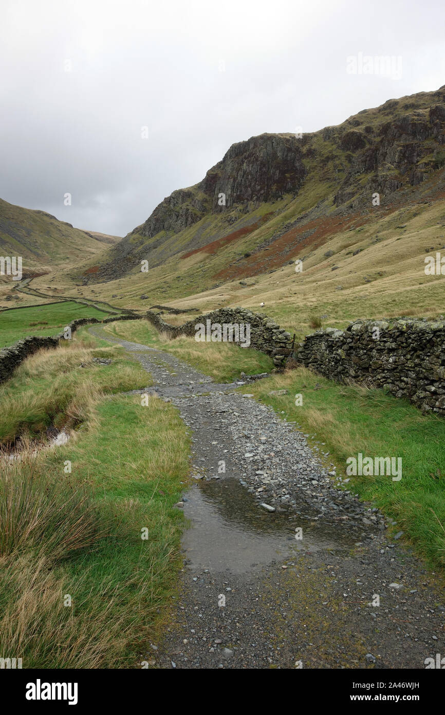 Sie suchen den Longsleddale Tal zu Buckbarrow Crag vom Gatescarth Pass Track im Nationalpark Lake District, Cumbria. England, UK. Stockfoto