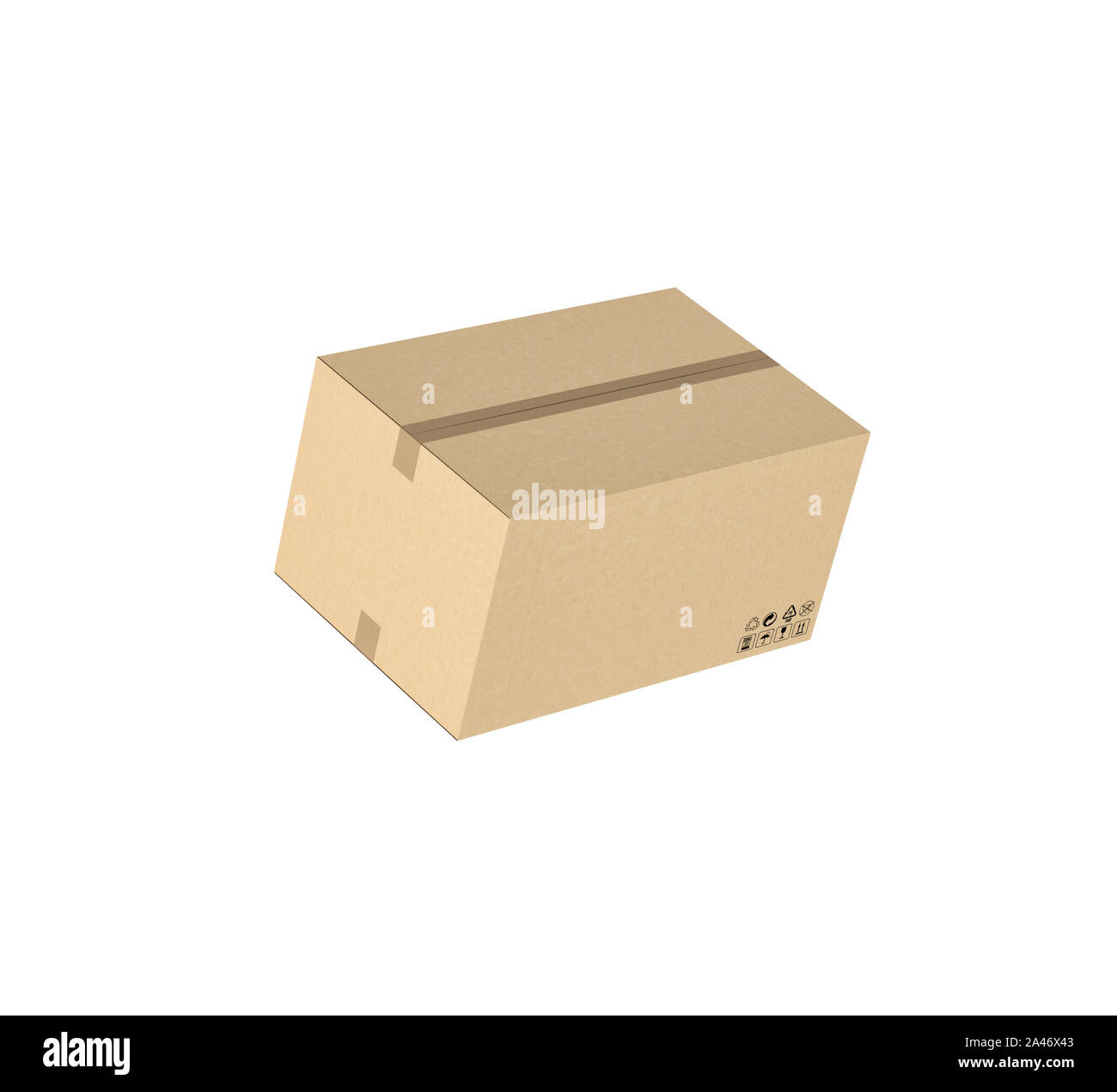 3D-Rendering eines geschlossenen hellbeige Karton mail Box mit Klebeband geklebt, auf den weißen Hintergrund isoliert. Konfektionierung und Verpackung. Lagerung von unterscheiden Stockfoto