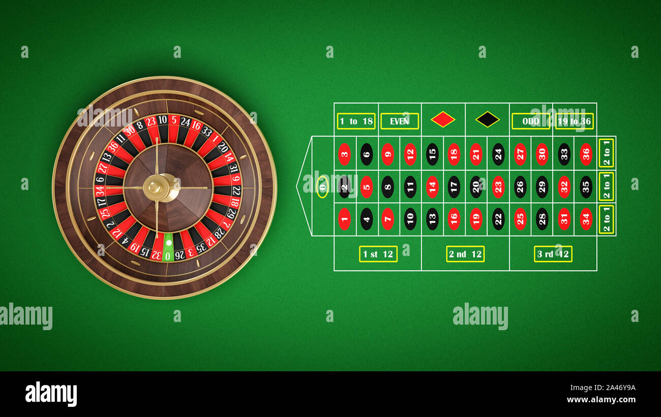 3D-Rendering für eine Roulette auf einer endlosen grünen Fläche mit einem klassischen Wetten Raster eingefügt. Wetten Quadrate. Geld gewinnen. Verlust von Glücksspiel. Stockfoto