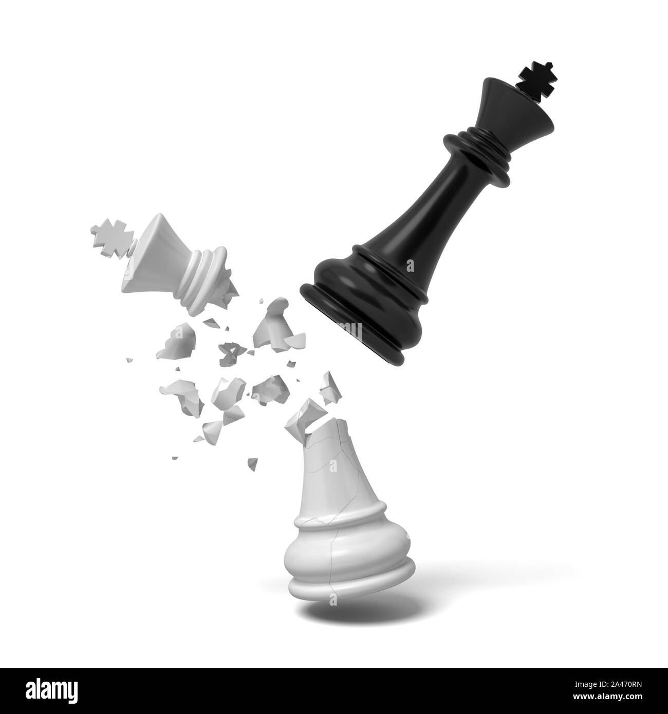 3D-Rendering eines schwarzen Schach König bricht eine weiße König, dass Risse und fällt auf einem weißen Hintergrund. Um die Vorherrschaft kämpfen. Brettspiele. Leben Strategie. Stockfoto