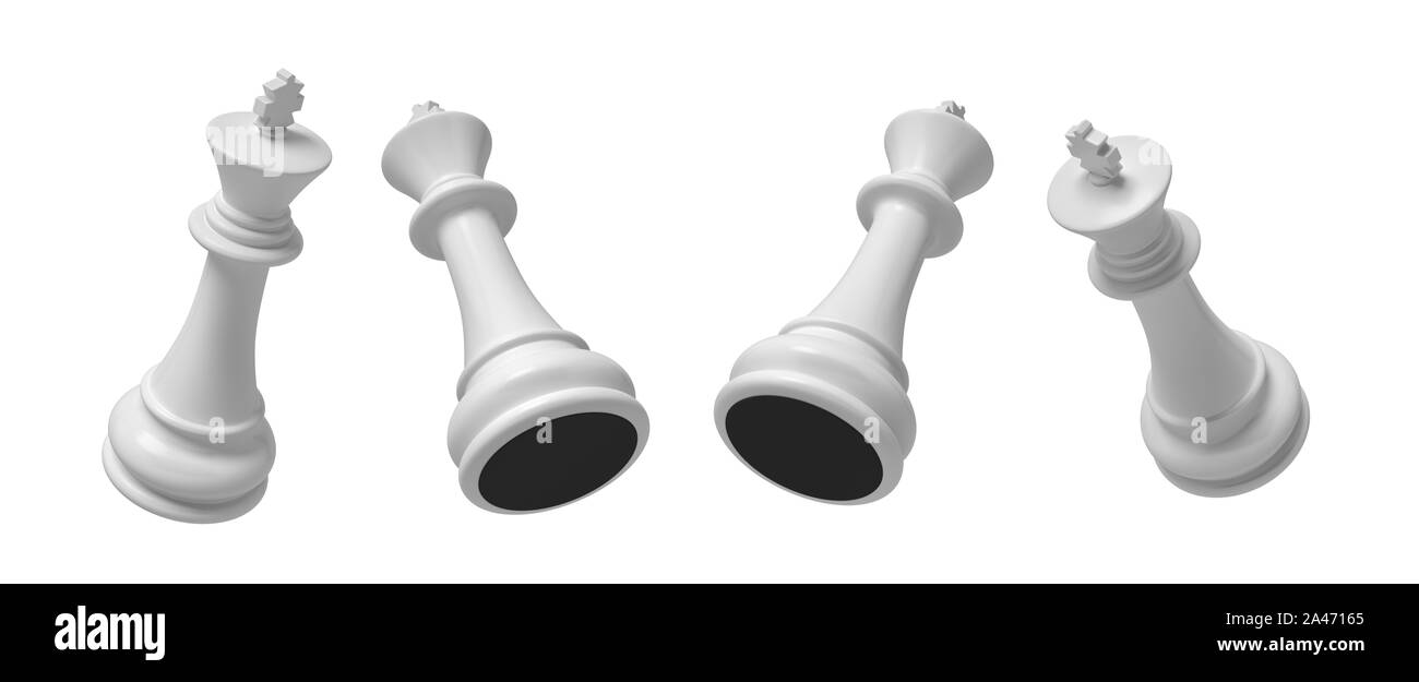 3D-Rendering von einer weißen Chess king Stück in vier verschiedenen schräger Blick auf einem weißen Hintergrund. Wichtige Schachfigur. Schachmatt. Intellektuelles Spiel. Stockfoto