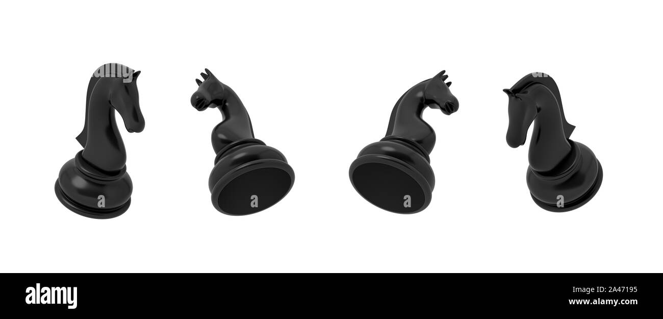 3D-Rendering von einem schwarzen Ritter schach Stück in vier verschiedenen schräger Blick auf einem weißen Hintergrund. Wichtige Schachfigur. Schachmatt. Intellektuelles Spiel. Stockfoto
