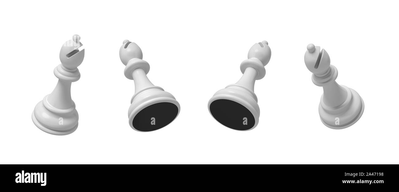 3D-Rendering von einer weißen Schach Bischof Stück in vier verschiedenen schräger Blick auf weißem Hintergrund fliegen. Chess Strategie. Brettspiele. Gute und schlechte bish Stockfoto