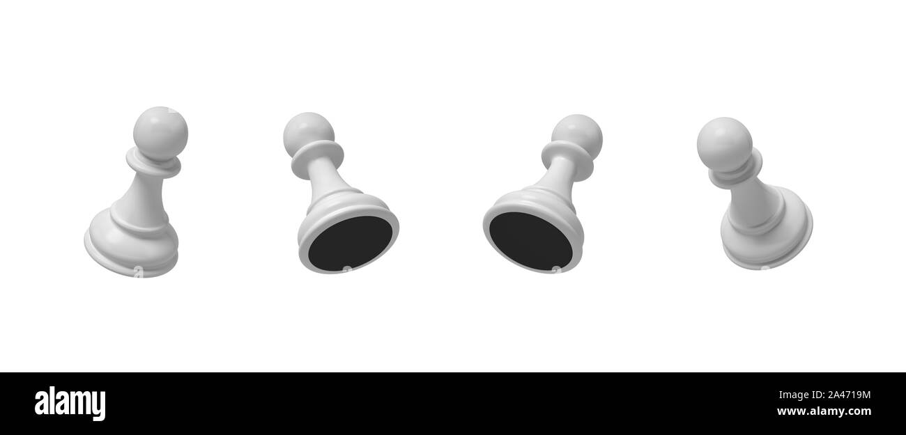3D-Rendering von einer weißen Schach schachfigur Stück in vier verschiedenen schräger Blick auf einem weißen Hintergrund. Wichtige Schachfigur. Schachmatt. Intellektuelles Spiel. Stockfoto