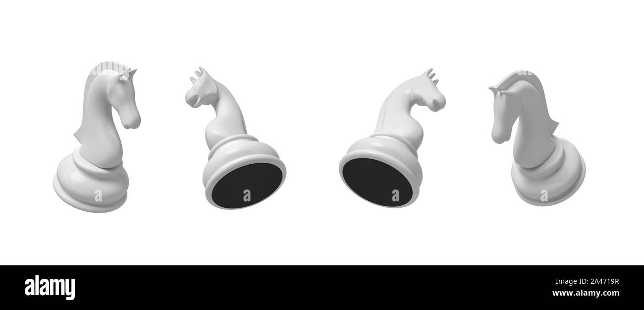 3D-Rendering von einer weißen Schach Ritter Stück in vier verschiedenen schräger Blick auf einem weißen Hintergrund. Wichtige Schachfigur. Schachmatt. Intellektuelles Spiel. Stockfoto