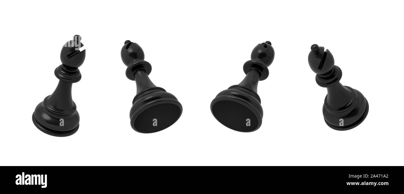 3D-Rendering eines schwarzen Schach Bischof Stück in vier verschiedenen schräger Blick auf einem weißen Hintergrund. Wichtige Schachfigur. Schachmatt. Intellektuelles Spiel. Stockfoto