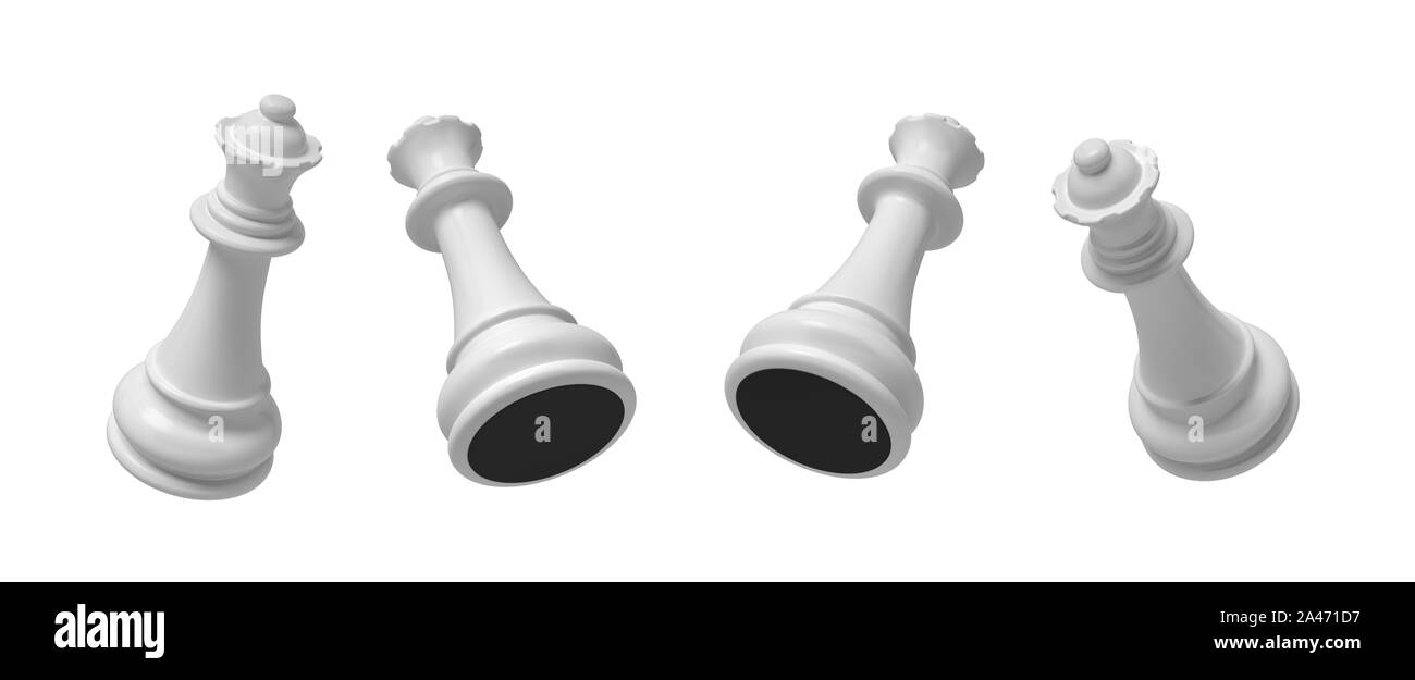3D-Rendering von einer weißen Chess queen Stück in vier verschiedenen schräger Blick auf einem weißen Hintergrund. Wichtige Schachfigur. Schachmatt. Intellektuelles Spiel. Stockfoto