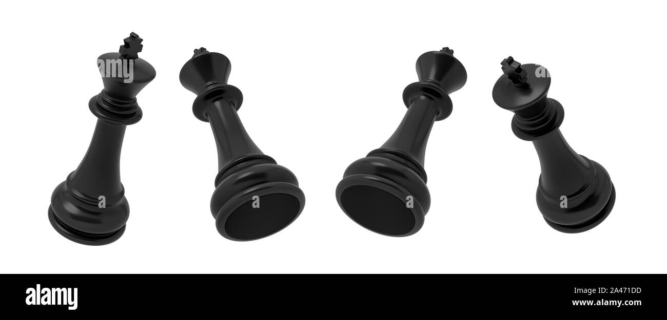 3D-Rendering eines schwarzen Chess king Stück in vier verschiedenen schräger Blick auf einem weißen Hintergrund. Wichtige Schachfigur. Schachmatt. Intellektuelles Spiel. Stockfoto