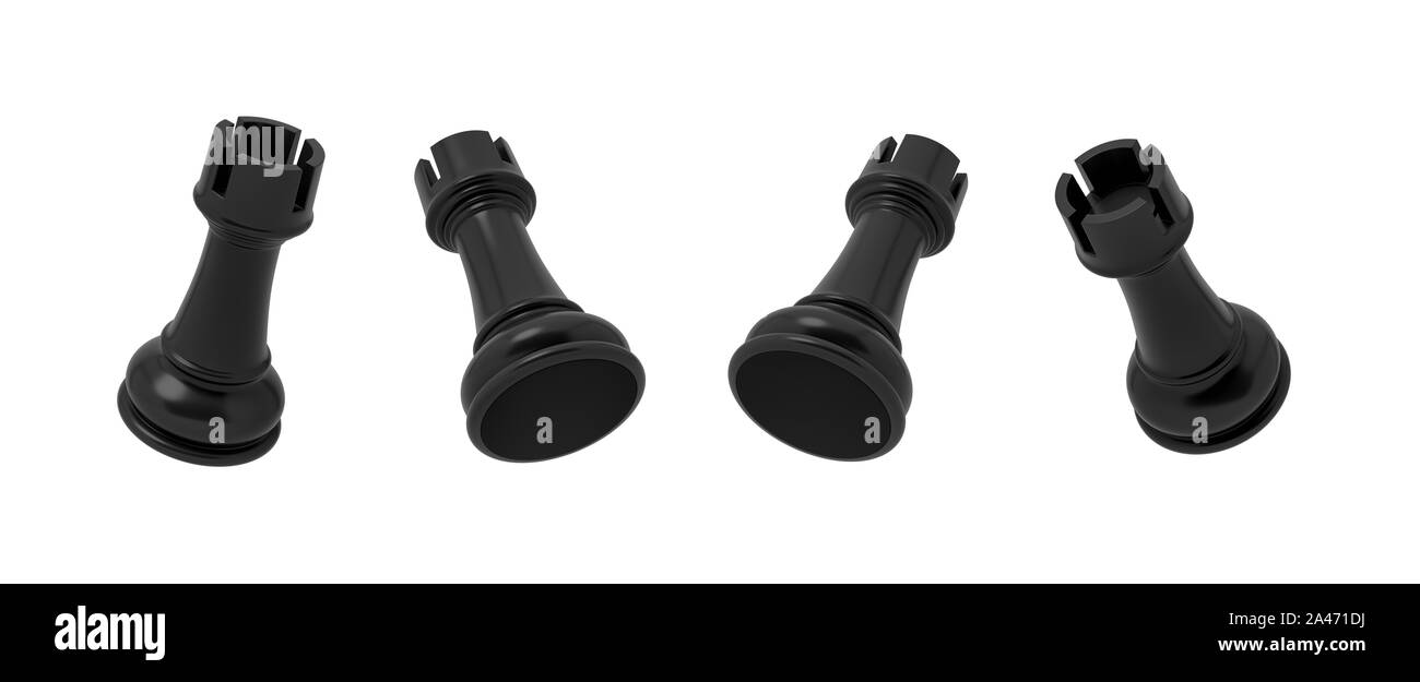 3D-Rendering eines schwarzen Schach rook Stück in vier verschiedenen schräger Blick auf einem weißen Hintergrund. Wichtige Schachfigur. Schachmatt. Intellektuelles Spiel. Stockfoto