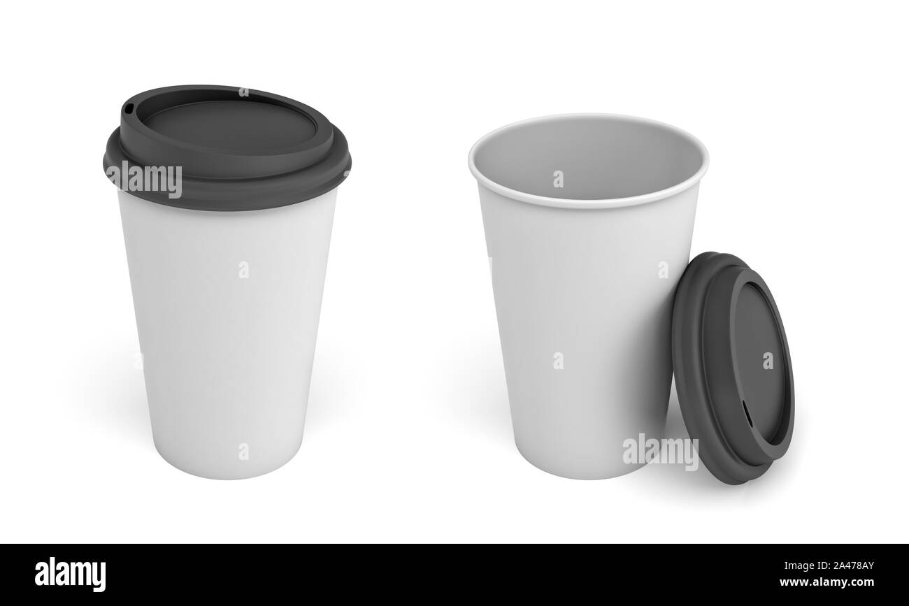 3D-Rendering von zwei weißen Papier Kaffee Tassen mit schwarzem Deckel, eine geschlossene und eine offene und lehnte sich auf der Schale. Generische Kaffeetassen. Becher Vorlage. Kaffee Stockfoto