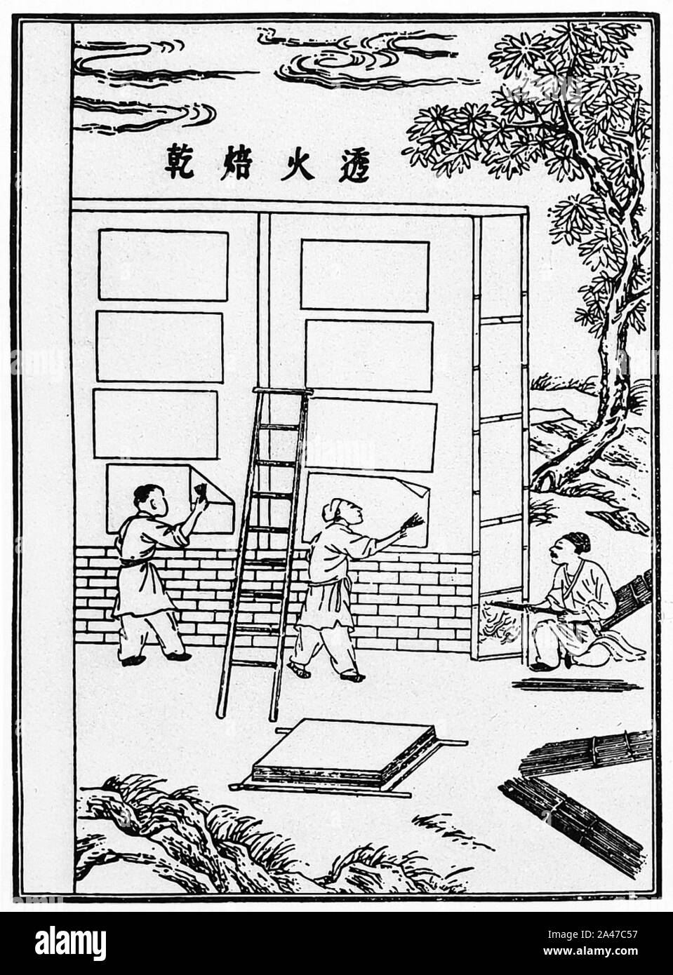 Fünf Schritte der Papierherstellung - Schritt 5 - trocknen die Blätter an der Wand - wie von Cai Lun im 105 CE beschrieben. Stockfoto