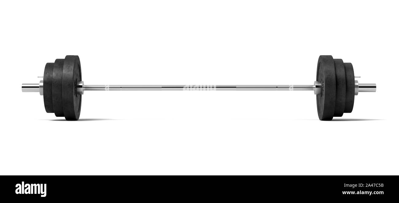 3D-Rendering von einem silberfarbenen Metall Langhantelstange mit mehreren schwarzen Hantelscheiben auf einem weißen Hintergrund. Fitness und Bodybuilding. Sport Equipment. Fitnessraum Stockfoto