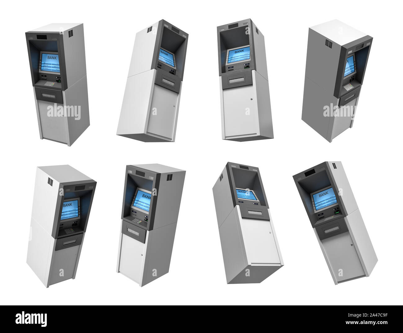 3D-Rendering von vielen modernen Bank ATM Maschinen fliegen auf einem weißen Hintergrund in verschiedenen Ansichten. Personal Banking. Einfach Geld zugreifen. Banking technologisch Stockfoto