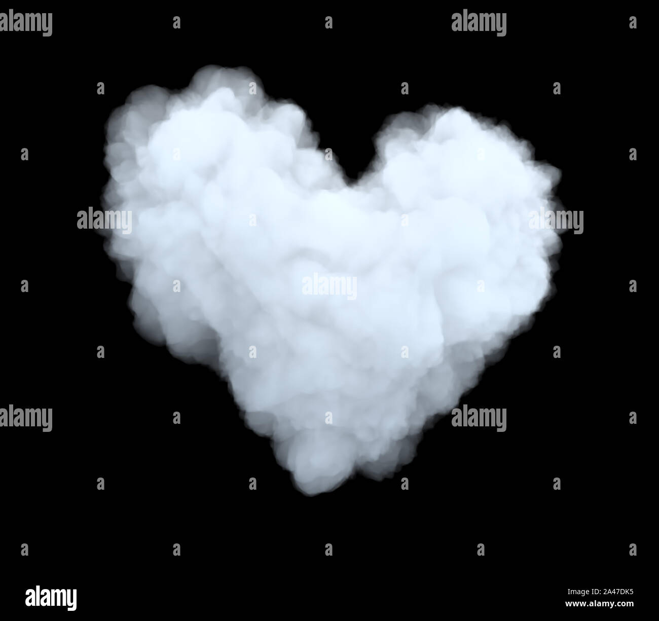3D-Rendering von einer weißen sperrige cumulus Cloud in Form von Herzen auf einem schwarzen Hintergrund. Wetter und Klima. Natürliche Phänomene. Wetter Beobachtungen. Stockfoto
