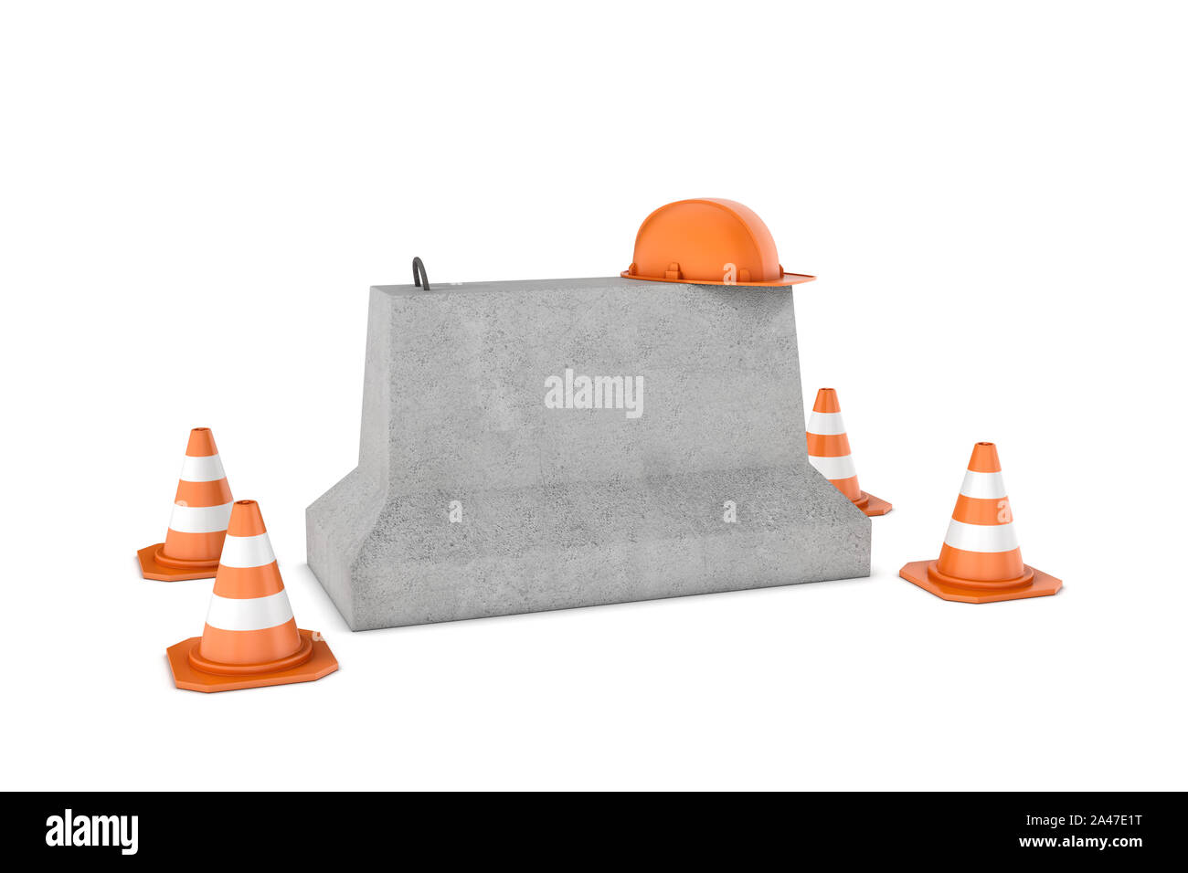 3D-Rendering von vier Bau Kegel, orange Helm auf eine konkrete Sperre, alle auf weißem Hintergrund. Verkehrszeichen. Fangvorrichtung und ausrüstu Stockfoto