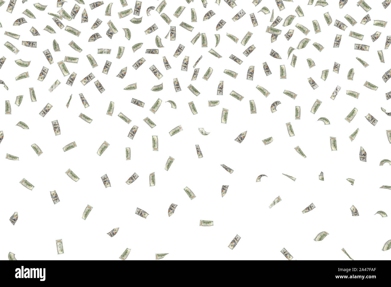 3D-Rendering der fallende Dollar Scheine auf einem weißen Hintergrund. Fliegende Papier Geld. Bargeld erhalten. Wohlstand und Reichtum. Stockfoto