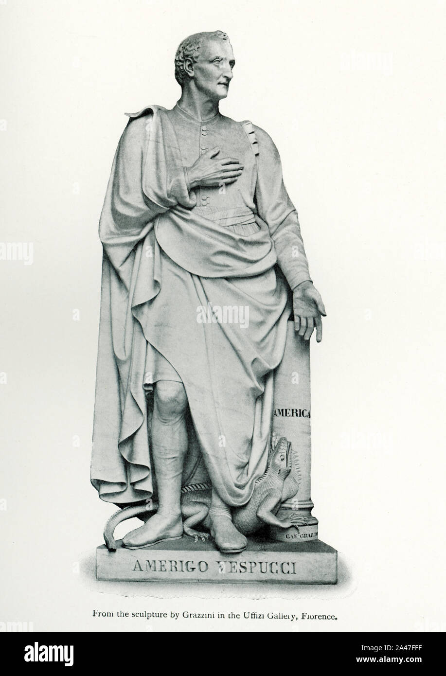 Dieses Bild dating bis 1912 zeigt Amerigo Vespucci, eine Skulptur von ihm von Grazzini, das in den Uffizien in Florenz untergebracht ist. Vespucci (1454-1512) war ein italienischer Explorer, Finanzier, Navigator und Kartographen, die in der Republik Florenz geboren wurde. Er ist am besten für seinen Namensvetter bekannt: die Kontinente von Nord- und Südamerika Stockfoto