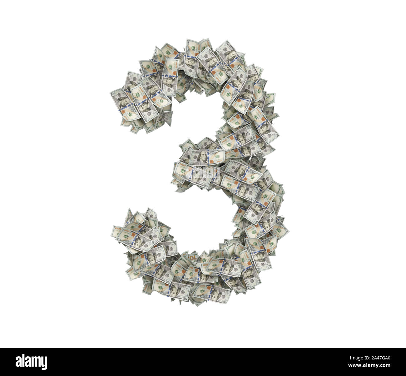 3D-Rendering für eine große Anzahl 3 aus unzähligen 100 Dollar-Scheine auf einem weißen Hintergrund. Zweite beste. Geld und Finanzen. Einnahmen und Ausgaben. Stockfoto