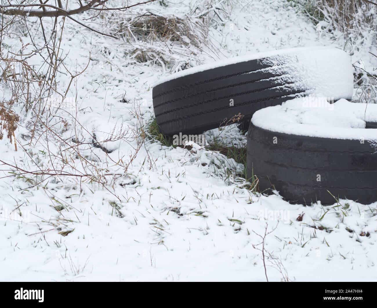 Paar Schneebedeckten Altreifen Weggeworfenen in der Natur Stockfoto
