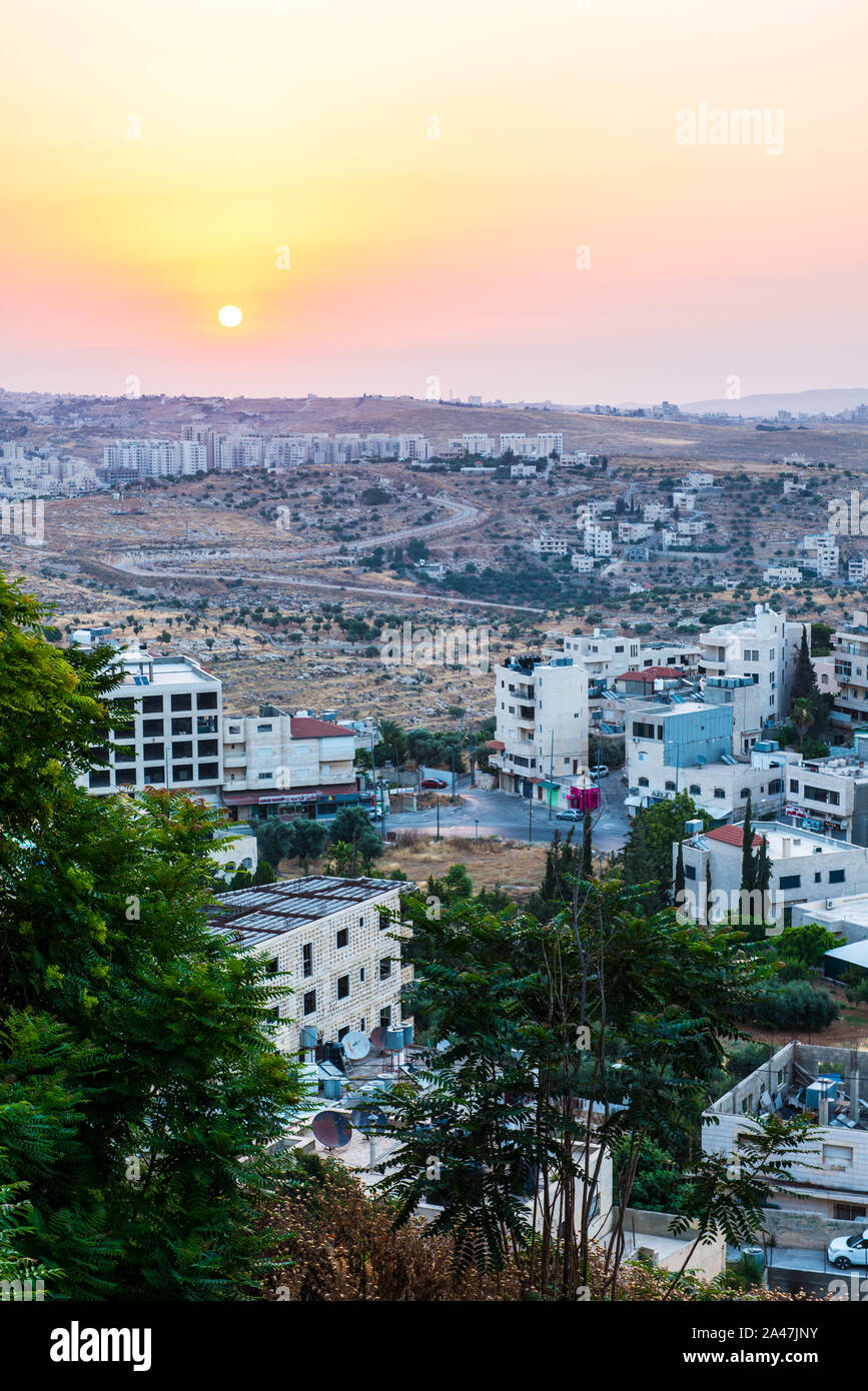 Blick auf Bethlehem. bei Sonnenuntergang von oben, Palästina Stockfoto