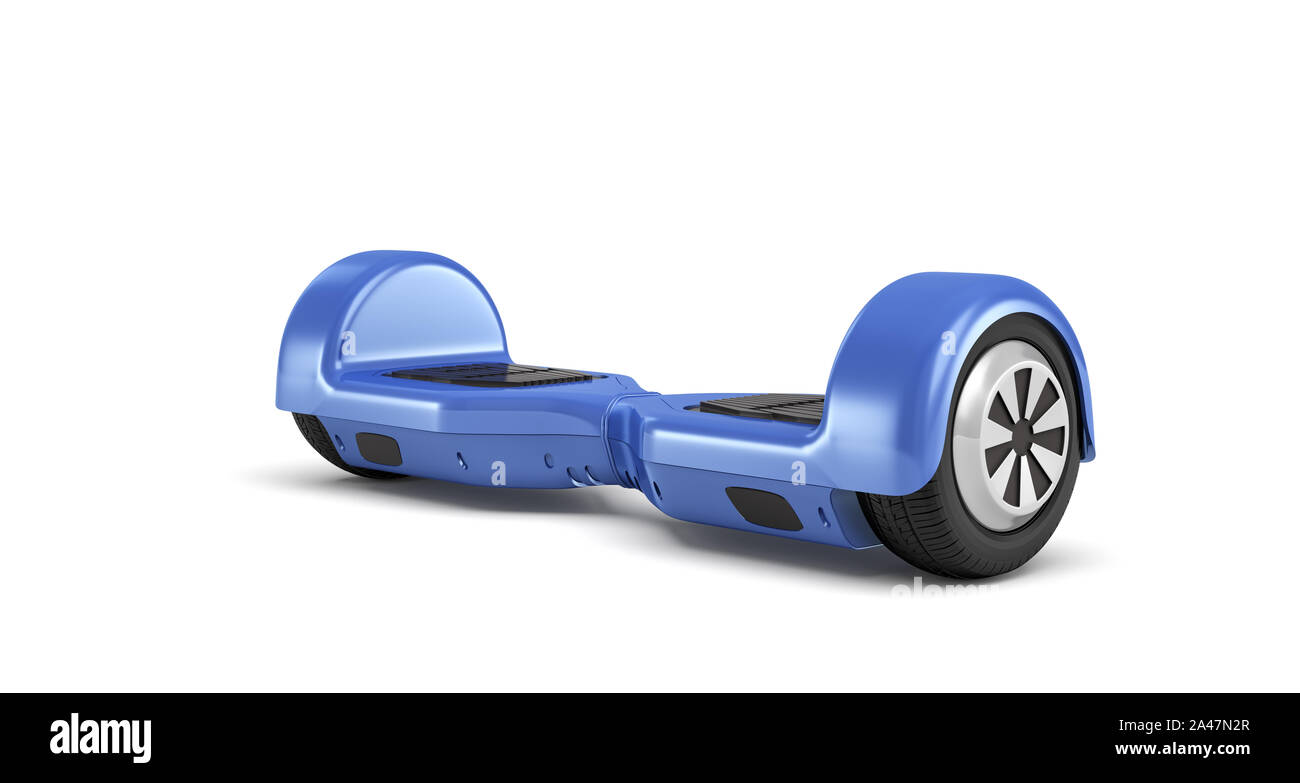3D-Rendering von einer einzigen blauen Hoverboard in der Vorderansicht auf weißem Hintergrund. Urban Transport. Persönlicher Transport. Freizeitgeräte. Stockfoto