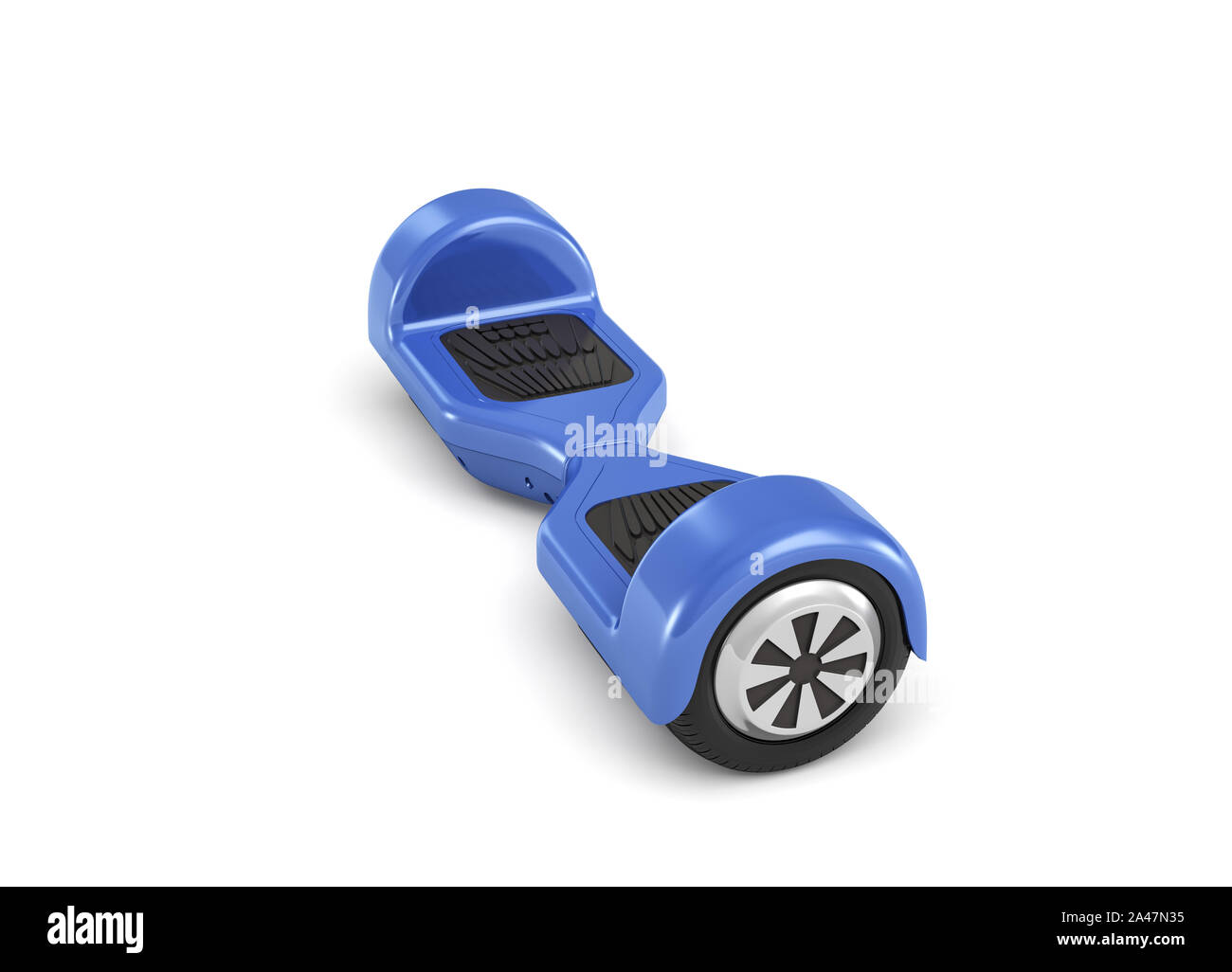 3D-Rendering von einer einzigen blauen Hoverboard in der Vorderansicht auf weißem Hintergrund. Urban Transport. Persönlicher Transport. Freizeitgeräte. Stockfoto