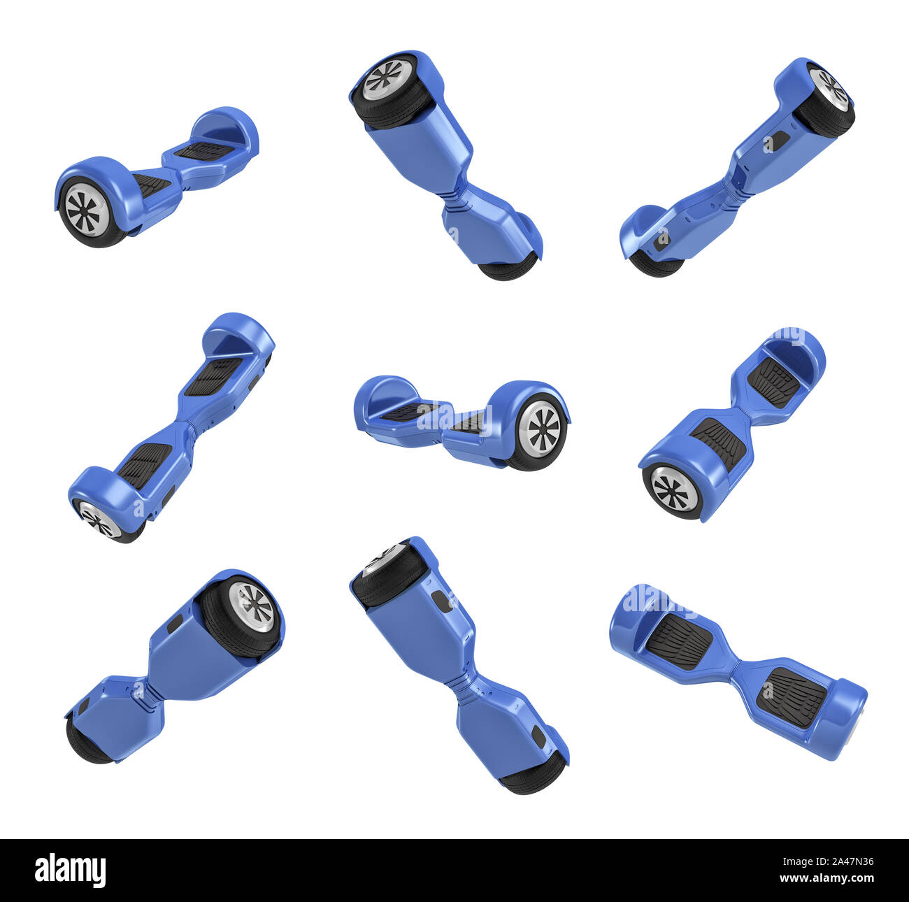 3D-Rendering von mehreren Blau selbstausgleichenden Roller in verschiedenen Winkeln auf weißem Hintergrund. Persönlicher Transport. Das städtische Leben. Elektrische gyrosc Stockfoto