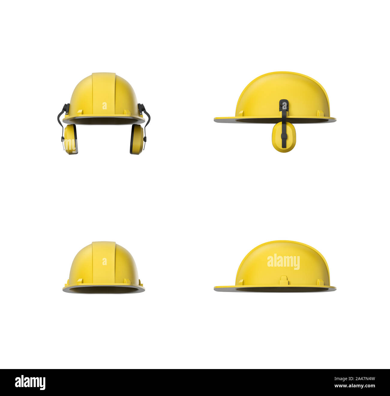 3D-Rendering" von gelben harten Hut oder Helm mit Gehörschutz auf einem weißen Hintergrund. Das Tragen eines Arbeitnehmers Helm. Industrie- und Stockfoto