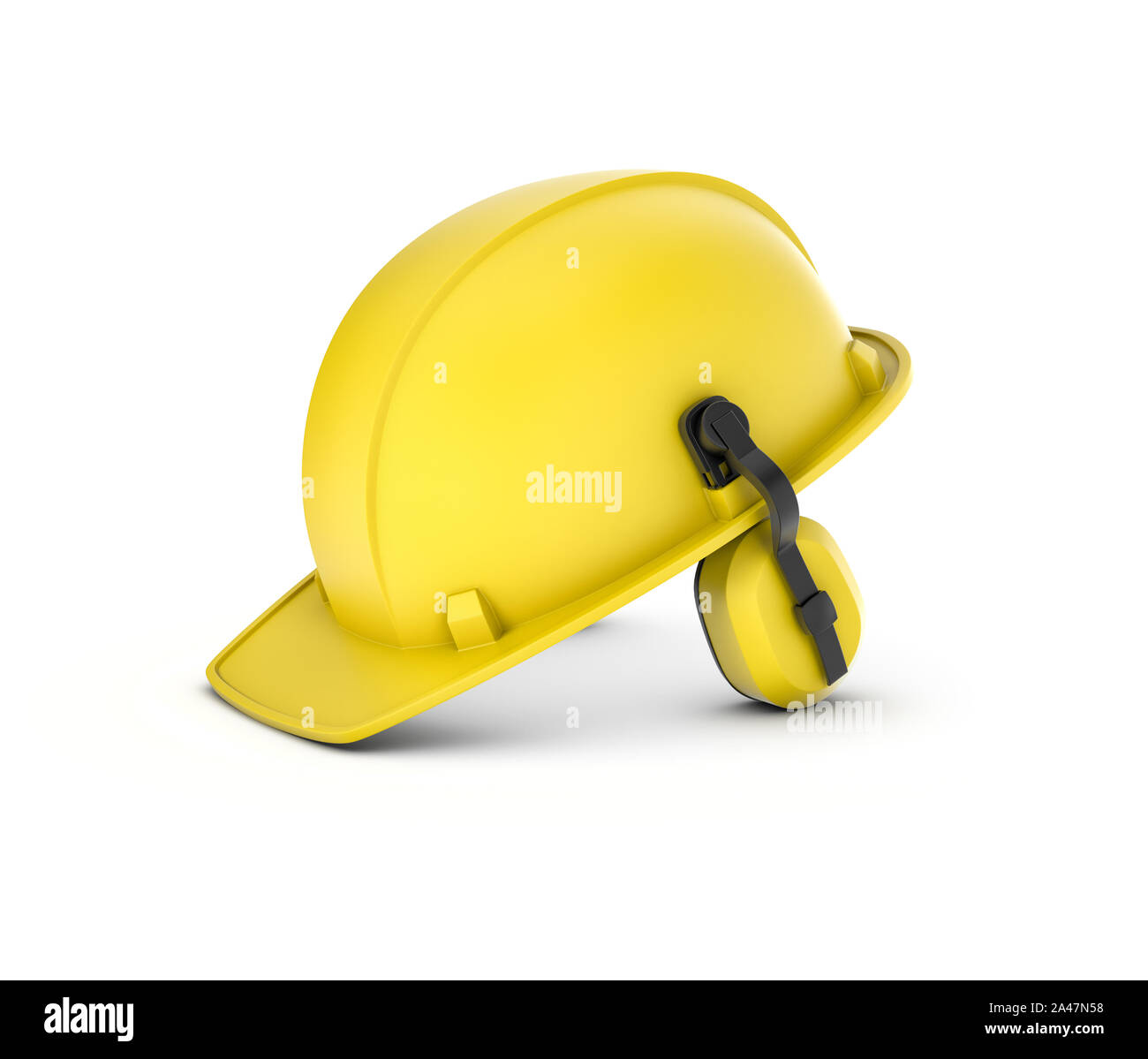3D-Rendering von einem gelben Schutzhelm mit Kopfhörern auf einem weißen Hintergrund. Helm für Tragekomfort bei Industrie- oder Baustellen. Schutz h Stockfoto