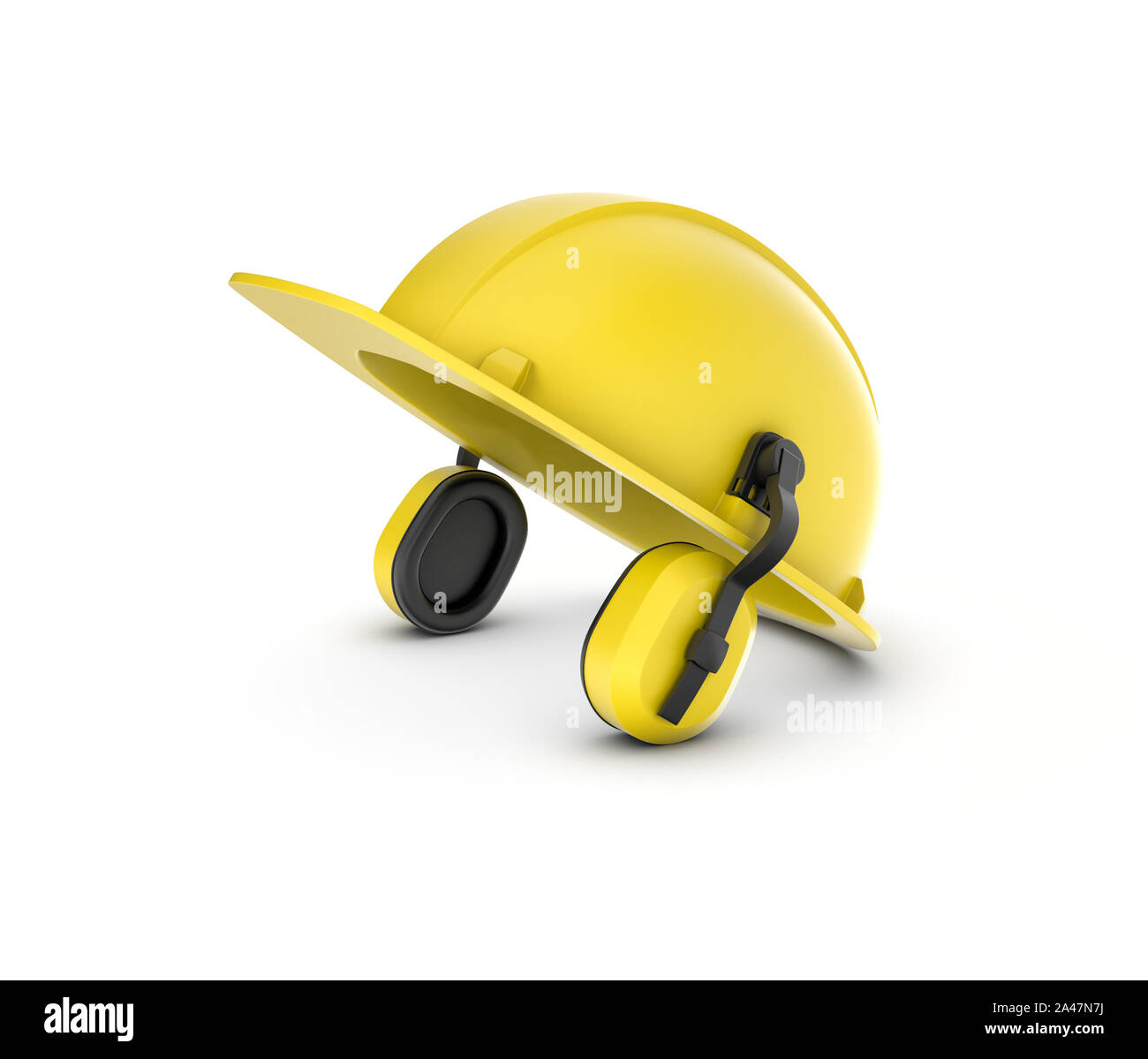 3D-Rendering von einem gelben Helm mit Kopfhörern auf weißem Hintergrund. Bau und Konstruktion. Sicherheit am Arbeitsplatz. Uniform. Stockfoto