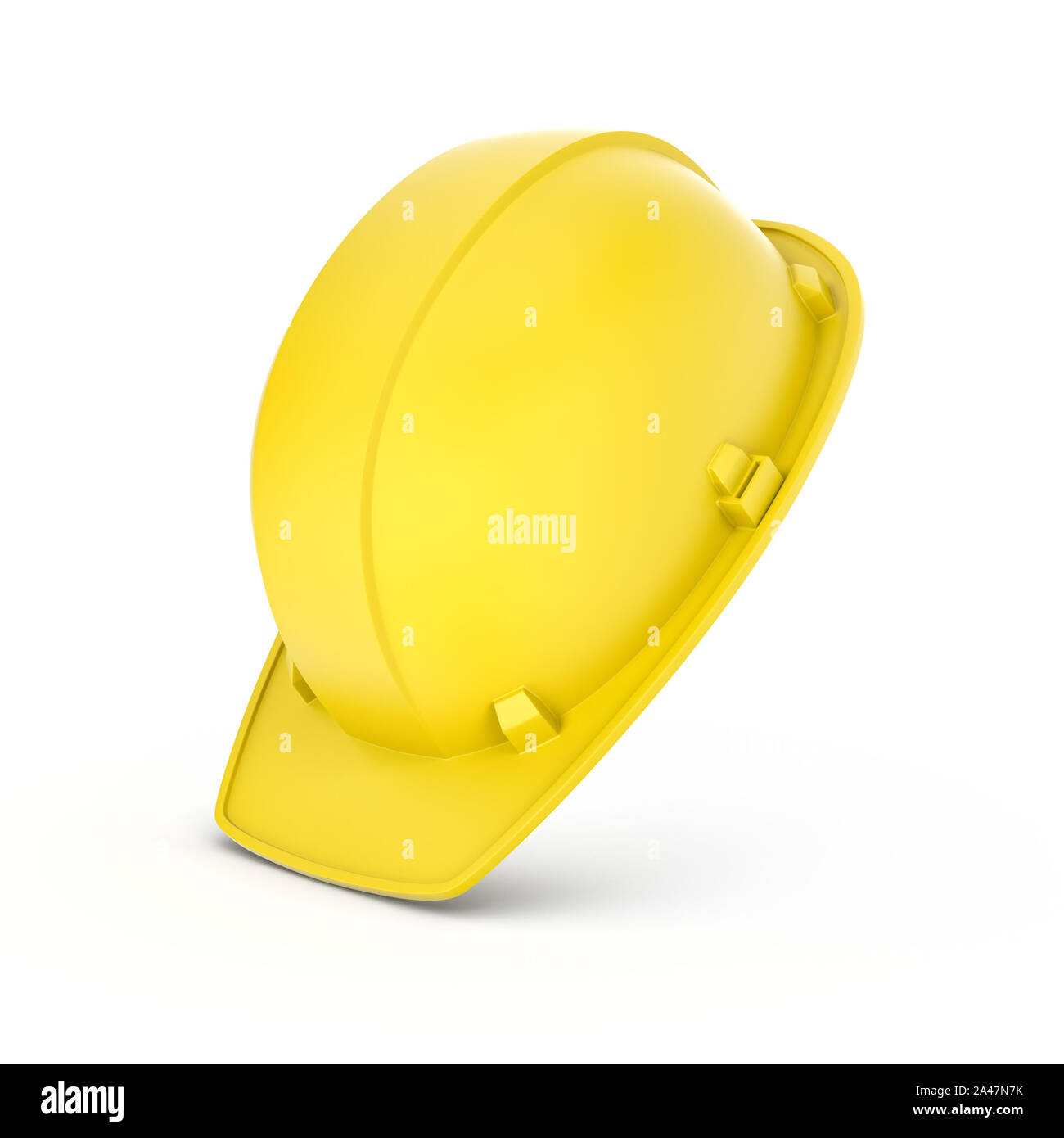 3D-Rendering von einem gelben Schutzhelm isoliert auf den weißen Hintergrund. Bau und Konstruktion. 3D-Modellierung. Sicherheit am Arbeitsplatz. Baustelle. Stockfoto