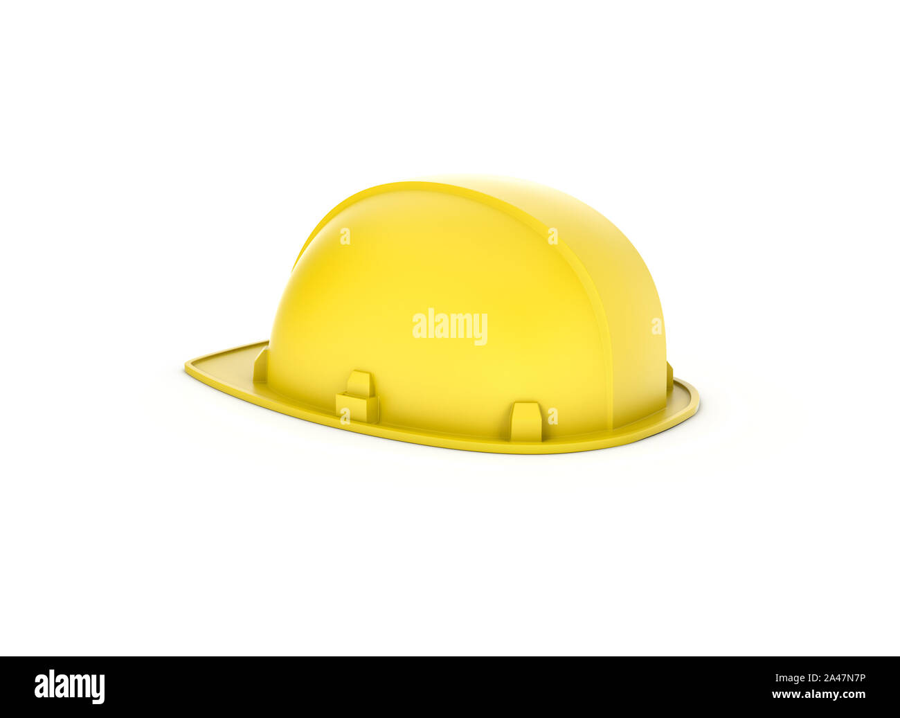 3D-Rendering von einem gelben Schutzhelm isoliert auf den weißen Hintergrund. Bau und Konstruktion. 3D-Modellierung. Sicherheit am Arbeitsplatz. Baustelle. Stockfoto