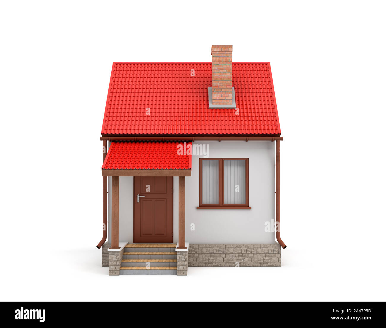 3D-Rendering eines kleinen Wohnhauses mit einem Kamin und einem roten Dach auf einem weißen Hintergrund. Haus und Hof. Living Place. Erstellen Sie Ihre eigene Startseite. Stockfoto
