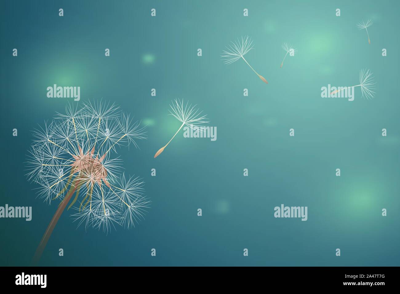 Löwenzahn in grüne horizontale blur Kulisse. Bokeh Licht auf Sommer Abbildung. Closeup blowball mit fliegenden Flusen Feld. Kopieren Platz banner Vektor Konzept. Stock Vektor
