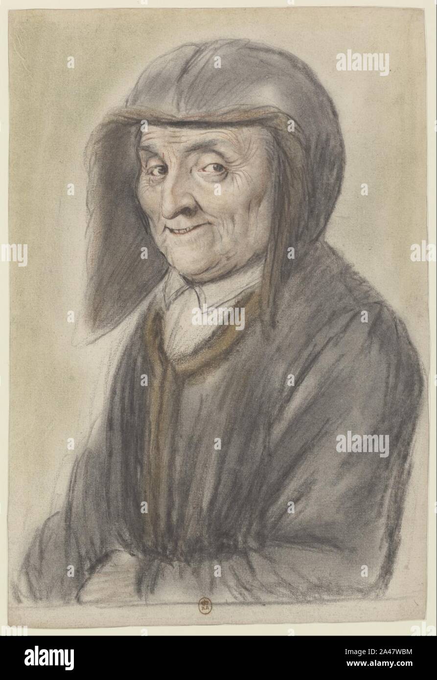 Femme âgée, coiffée d'un Chaperon noir à doublure Brune assorti à son Manteau, vue de Trois Quarts à Gauche (Nicolas Lagneau). Stockfoto