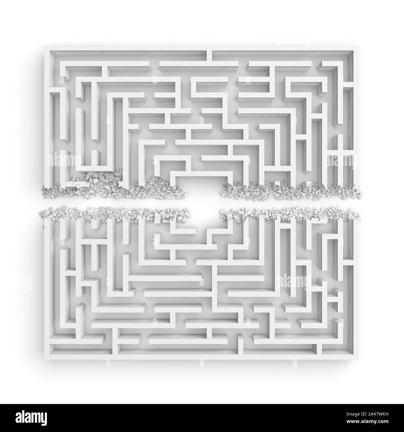 3D-Rendering von einer weißen Labyrinth in der vorderen Unterseite schnitt in gerader Linie in der Hälfte mit Schutt an den Rändern. Schwere Veränderungen. Irrgärten und Labyrinthe. Diagnose Stockfoto