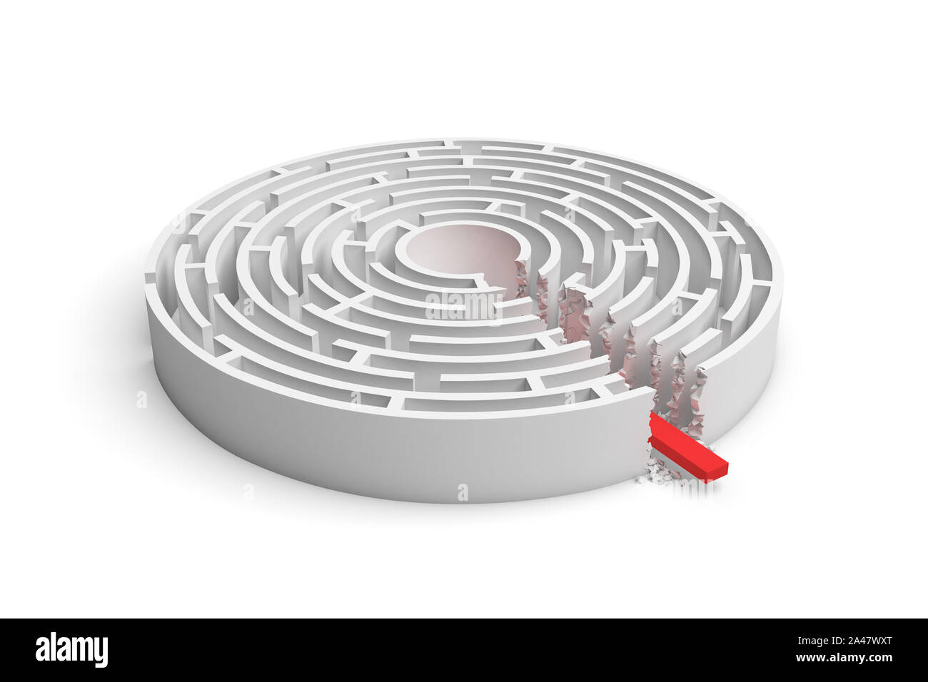 3D-Rendering für eine runde Labyrinth mit einem roten Pfeil Kreditaufnahme in die Mitte auf weißem Hintergrund. Irrgärten und Labyrinthe. Probleme und Lösungen. Unex Stockfoto