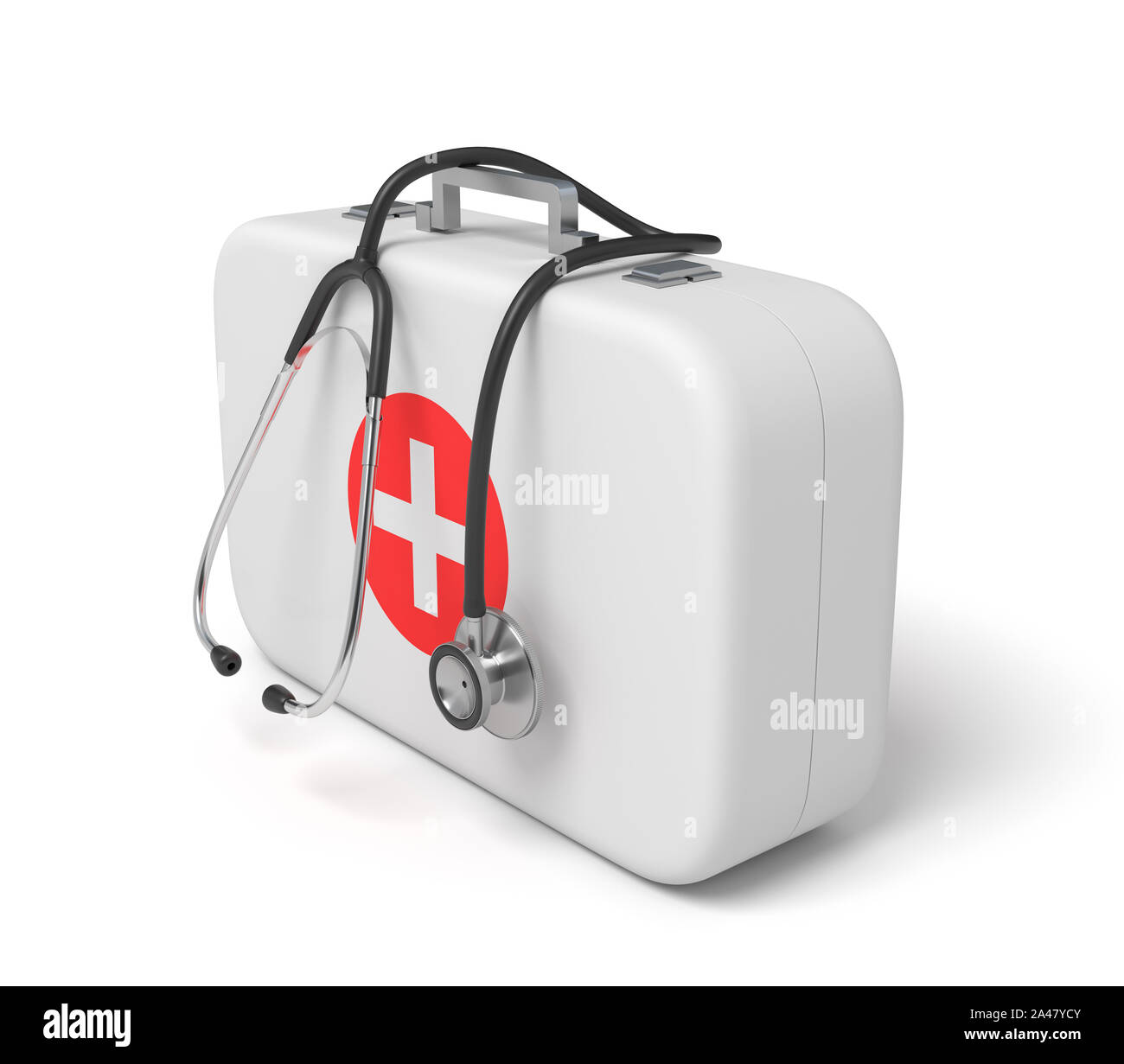 3D-Rendering von Erste Hilfe medizinische Box mit einem Stethoskop auf weißem Hintergrund, drei Viertel. Gesundheitswesen. Medizinische Versorgung. Medi Stockfoto