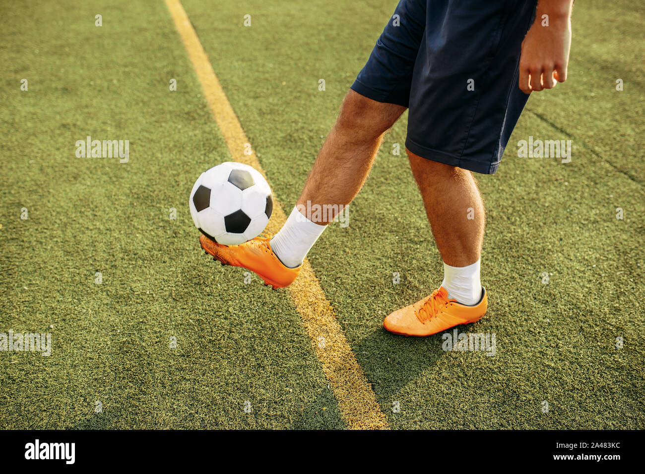 Männliche Fußballspieler mit Ball stehend auf Linie Stockfoto
